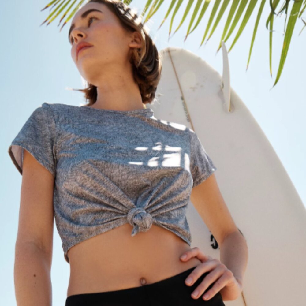 Beth Richards x FP Knot Swim Tee Rash Guard, Grey Heather, Size Medium